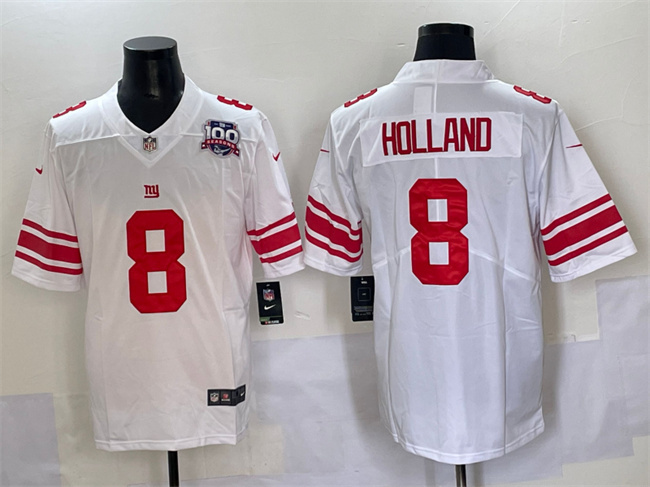 Men's New York Giants #8 Jevon Holland White 2025 With 100th Season Patch Vapor Untouchable Limited Stitched Jersey Men's New York Giants #8 Jevon Holland White 2025 With 100th Season Patch Vapor Untouchable Limited Stitched Jersey
