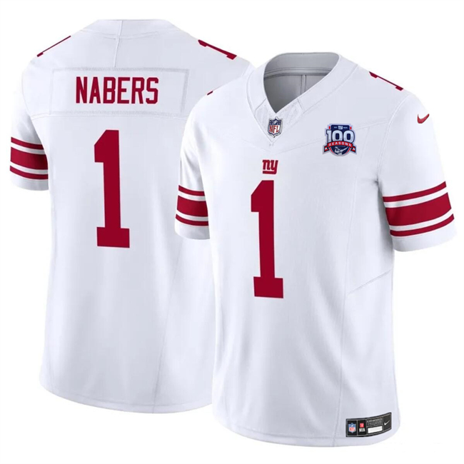 Men's New York Giants #1 Malik Nabers White 2024 Draft F.U.S.E. 100TH Season Patch Vapor Untouchable Limited Stitched Jersey Men's New York Giants #1 Malik Nabers White 2024 Draft F.U.S.E. 100TH Season Patch Vapor Untouchable Limited Stitched Jersey