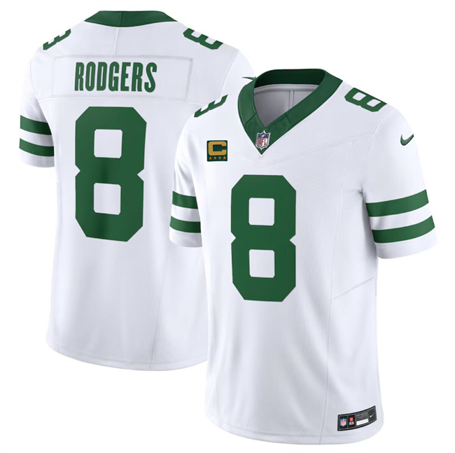 Men's New York Jets #8 Aaron Rodgers White 2023 F.U.S.E. With 4-Star C Patch Vapor Limited Throwback Stitched Football Jersey Men's New York Jets #8 Aaron Rodgers White 2023 F.U.S.E. With 4-Star C Patch Vapor Limited Throwback Stitched Football Jersey