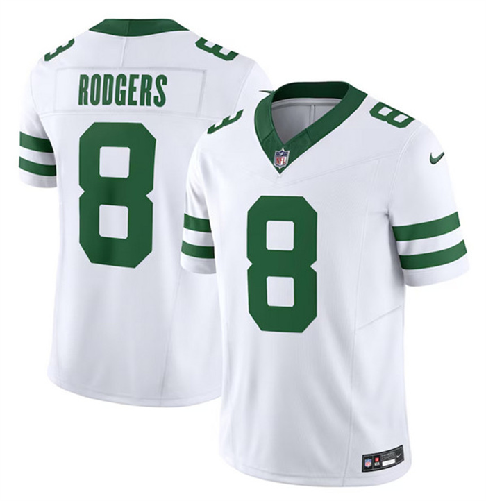 Men's New York Jets #8 Aaron Rodgers White 2023 F.U.S.E. Vapor Limited Throwback Stitched Football Jersey Men's New York Jets #8 Aaron Rodgers White 2023 F.U.S.E. Vapor Limited Throwback Stitched Football Jersey