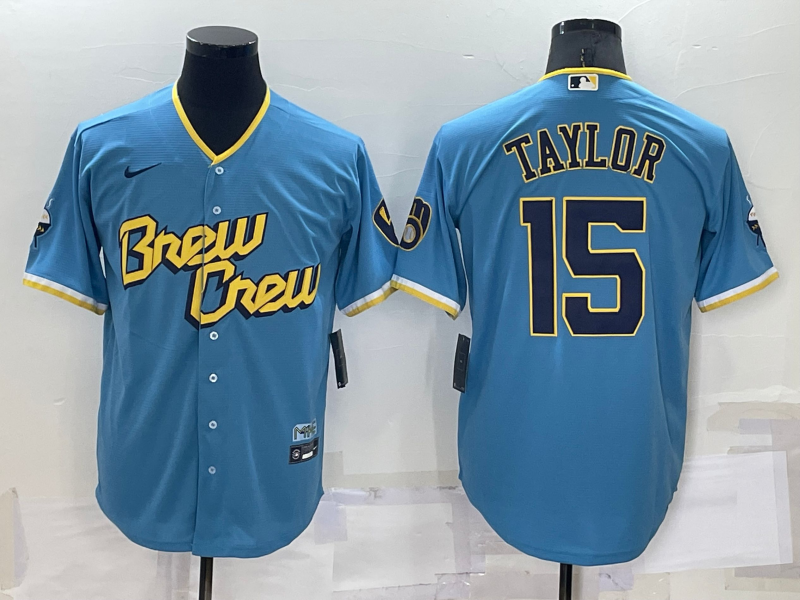 Men's Milwaukee Brewers #15 Tyrone Taylor 2022 Powder Blue City Connect Cool Base Stitched Jersey Men's Milwaukee Brewers #15 Tyrone Taylor 2022 Powder Blue City Connect Cool Base Stitched Jersey