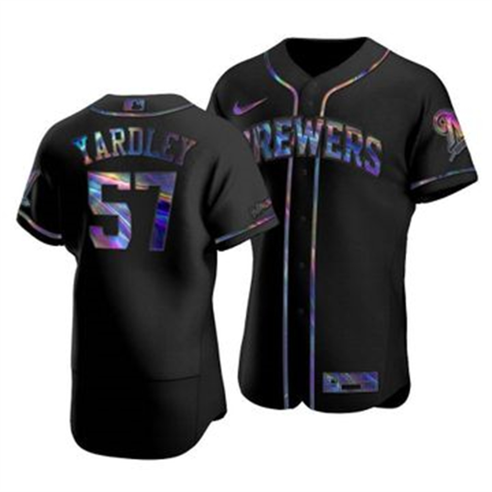 Milwaukee Brewers #57 Eric Yardley Men's Nike Iridescent Holographic Collection MLB Jersey - Black Milwaukee Brewers #57 Eric Yardley Men's Nike Iridescent Holographic Collection MLB Jersey - Black