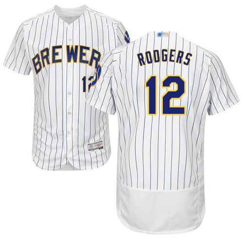 Brewers #12 Aaron Rodgers White Strip Flexbase Authentic Collection Stitched Baseball Jersey