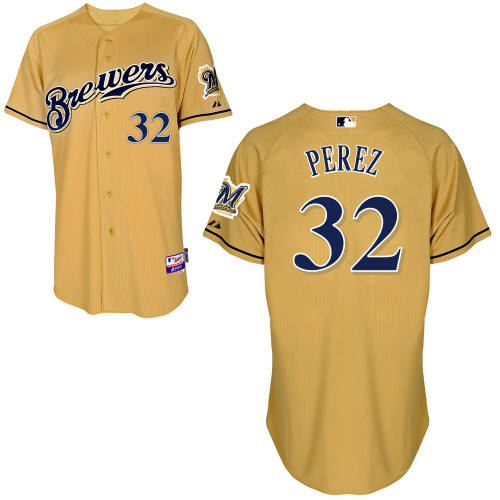 Milwaukee Brewers #32 Chris Perez Authentic Personalized Alternate yellow Jersey