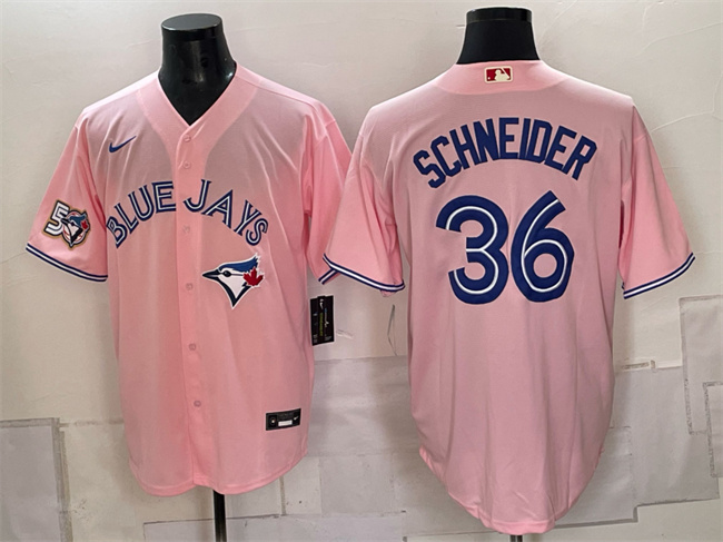 Men's Toronto Blue Jays #36 Davis Schneider Pink 50 Seasons Patch Stitched Baseball Jersey