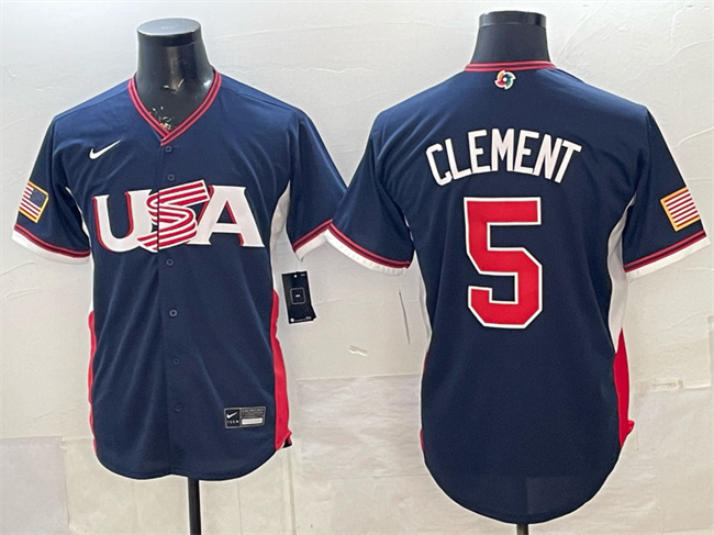 Men's USA Baseball #5 Ernie Clement Navy 2026 World Baseball Classic Road Stadium Stitched Jersey Men's USA Baseball #5 Ernie Clement Navy 2026 World Baseball Classic Road Stadium Stitched Jersey