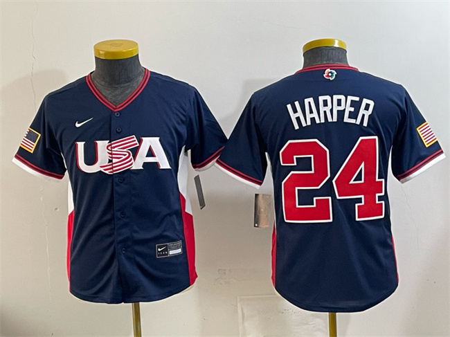 Youth USA Baseball #24 Bryce Harper Navy 2026 World Baseball Classic Stadium Stitched Baseball Jersey Youth USA Baseball #24 Bryce Harper Navy 2026 World Baseball Classic Stadium Stitched Baseball Jersey