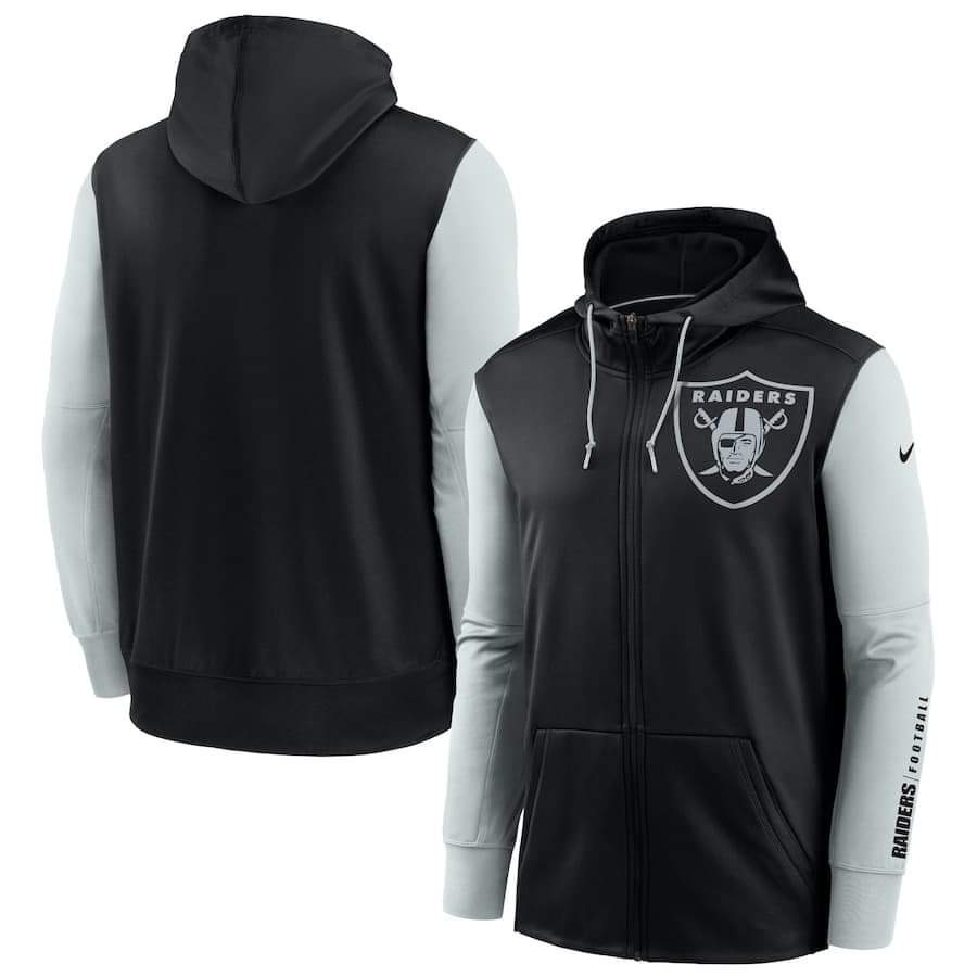 Men's Las Vegas Raiders Nike Black Silver Fan Gear Mascot Performance Full-Zip Hoodie Men's Las Vegas Raiders Nike Black Silver Fan Gear Mascot Performance Full-Zip Hoodie