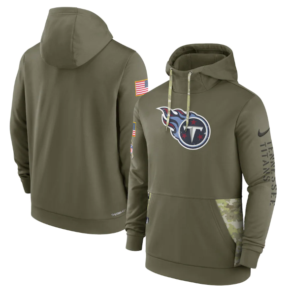 Men's Tennessee Titans 2022 Olive Salute To Service Therma Performance Pullover Hoodie