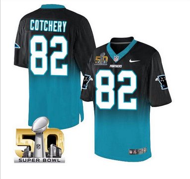 Nike Carolina Panthers #82 Jerricho Cotchery BlackBlue Super Bowl 50 Men's Stitched NFL Elite Fadeaway Fashion Jersey