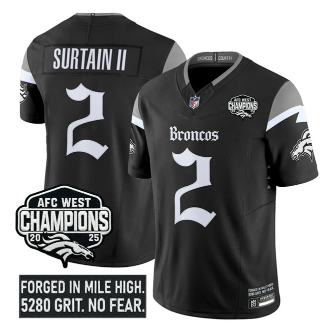 Men's Denver Broncos #2 Patrick Surtain II Black F.U.S.E 2025 Afc West Champions Patch ‘Gothic Mile High Shadows Edition’ Vapor Limited Stitched Football Jersey Men's Denver Broncos #2 Patrick Surtain II Black F.U.S.E 2025 Afc West Champions Patch ‘Gothic Mile High Shadows Edition’ Vapor Limited Stitched Football Jersey