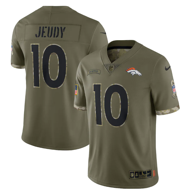 Men's Denver Broncos #10 Jerry Jeudy Olive 2022 Salute To Service Limited Stitched Jersey Men's Denver Broncos #10 Jerry Jeudy Olive 2022 Salute To Service Limited Stitched Jersey