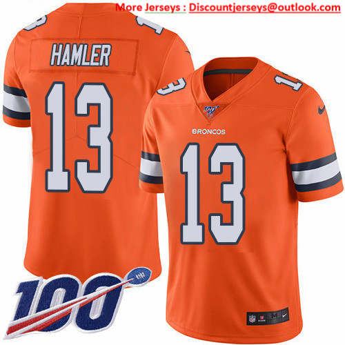 Nike Broncos #13 KJ Hamler Orange Men's Stitched NFL Limited Rush 100th Season Jersey