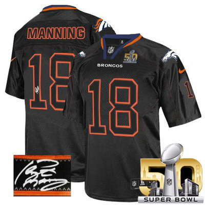 Nike Broncos #18 Peyton Manning Lights Out Black Super Bowl 50 Men's Stitched NFL Elite Autographed Jersey Nike Broncos #18 Peyton Manning Lights Out Black Super Bowl 50 Men's Stitched NFL Elite Autographed Jersey