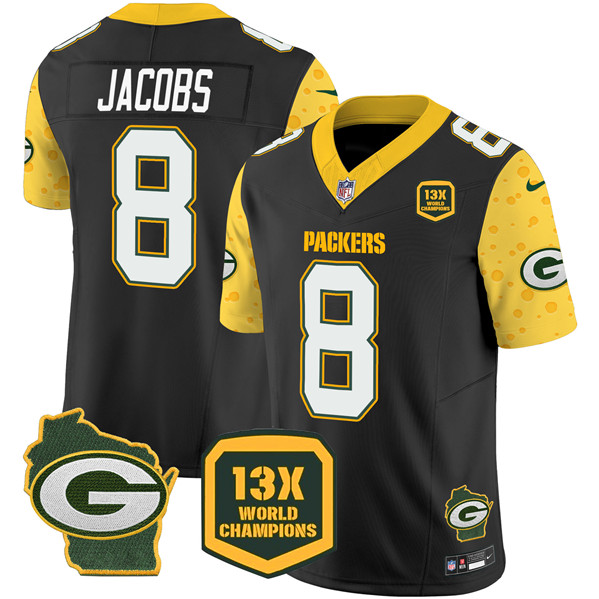 Men's Green Bay Packers #8 Josh Jacobs Cheese Black 2024 F.U.S.E. 13 Time World Champions And Home Patch Vapor Untouchable Limited Stitched Football Jersey Men's Green Bay Packers #8 Josh Jacobs Cheese Black 2024 F.U.S.E. 13 Time World Champions And Home Patch Vapor Untouchable Limited Stitched Football Jersey