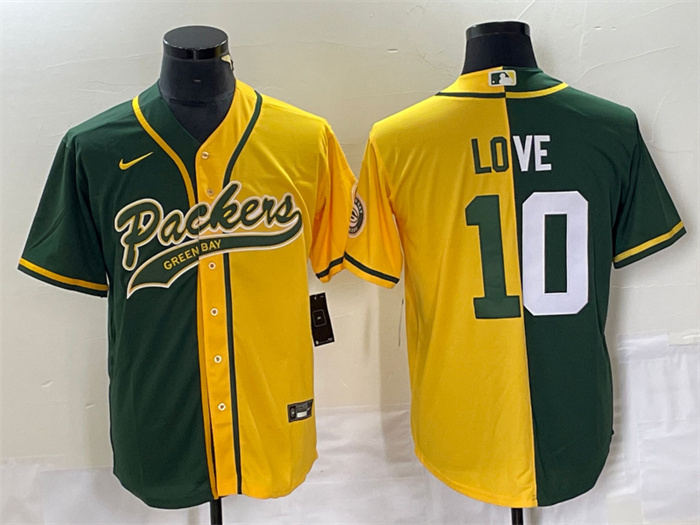 Men's Green Bay Packers #10 Jordan Love Green Gold Split Cool Base Stitched Baseball Jersey Men's Green Bay Packers #10 Jordan Love Green Gold Split Cool Base Stitched Baseball Jersey