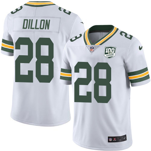 Nike Packers #28 AJ Dillon White Men's 100th Season Stitched NFL Vapor Untouchable Limited Jersey Nike Packers #28 AJ Dillon White Men's 100th Season Stitched NFL Vapor Untouchable Limited Jersey