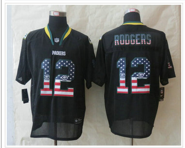 New Green Bay Packers #12 Aaron Rodgers USA Flag Fashion Black Elite Jerseys