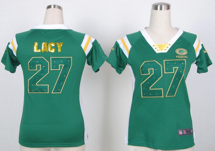Green Bay Packers #27 eddie lacy Womens Draft Him III Shimmer T-Shirt - Green
