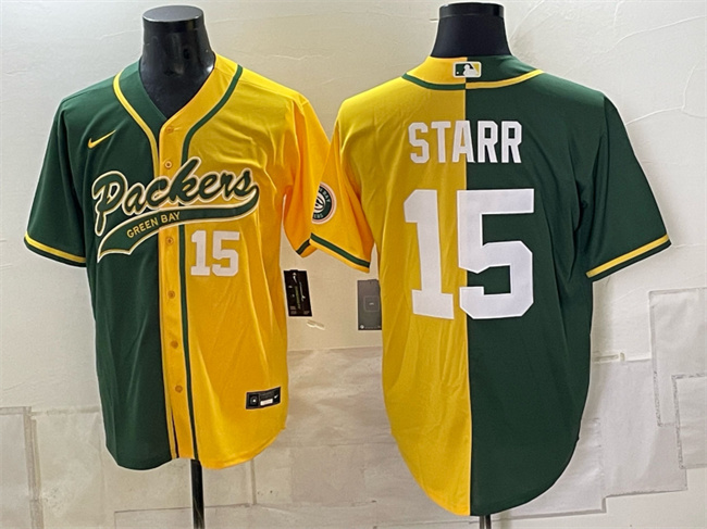 Men's Green Bay Packers #15 Bart Starr Green Gold Split Cool Base Stitched Baseball Jersey