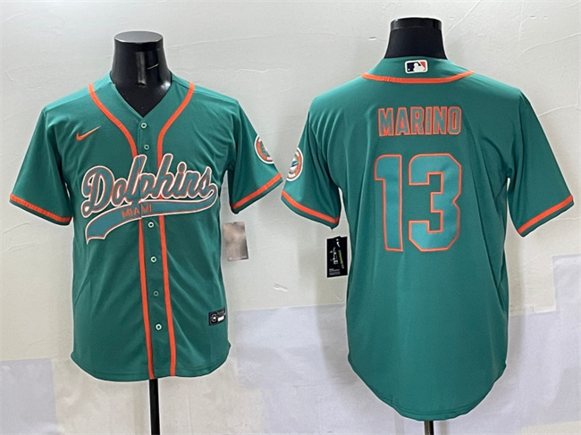 Men's Miami Dolphins #13 Dan Marino Aqua Cool Base Stitched Baseball Jersey Men's Miami Dolphins #13 Dan Marino Aqua Cool Base Stitched Baseball Jersey