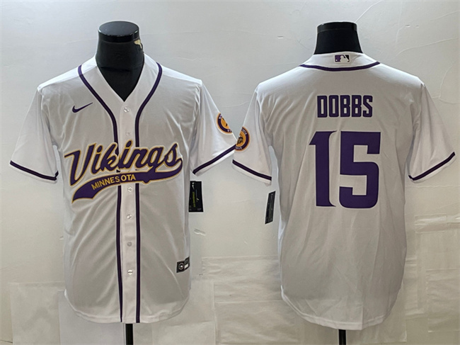 Men's Minnesota Vikings #15 Josh Dobbs White Cool Base Stitched Baseball Jersey Men's Minnesota Vikings #15 Josh Dobbs White Cool Base Stitched Baseball Jersey