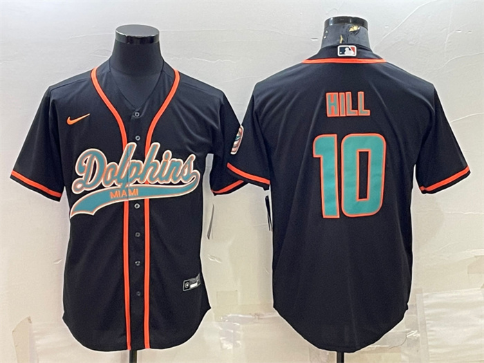 Men's Miami Dolphins #10 Tyreek Hill Black With Patch Cool Base Stitched Baseball Jersey Men's Miami Dolphins #10 Tyreek Hill Black With Patch Cool Base Stitched Baseball Jersey