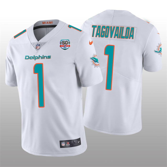 Men's Miami Dolphins #1 Tua Tagovailoa 2022 White With With 50th Perfect Season Patch Limited Stitched Jersey Men's Miami Dolphins #1 Tua Tagovailoa 2022 White With With 50th Perfect Season Patch Limited Stitched Jersey