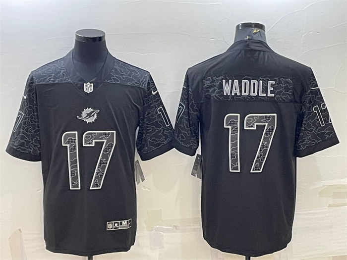 Men's Miami Dolphins #17 Jaylen Waddle Black Reflective Limited Stitched Football Jersey Men's Miami Dolphins #17 Jaylen Waddle Black Reflective Limited Stitched Football Jersey