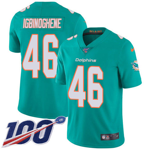 Nike Dolphins #46 Noah Igbinoghene Aqua Green Team Color Men's Stitched NFL 100th Season Vapor Untouchable Limited Jersey Nike Dolphins #46 Noah Igbinoghene Aqua Green Team Color Men's Stitched NFL 100th Season Vapor Untouchable Limited Jersey