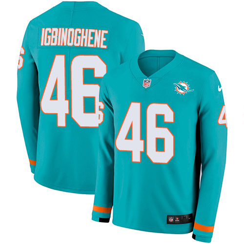Nike Dolphins #46 Noah Igbinoghene Aqua Green Team Color Men's Stitched NFL Limited Therma Long Sleeve Jersey Nike Dolphins #46 Noah Igbinoghene Aqua Green Team Color Men's Stitched NFL Limited Therma Long Sleeve Jersey
