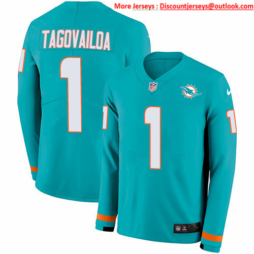 Nike Dolphins #1 Tua Tagovailoa Aqua Green Team Color Men's Stitched NFL Limited Therma Long Sleeve Jersey