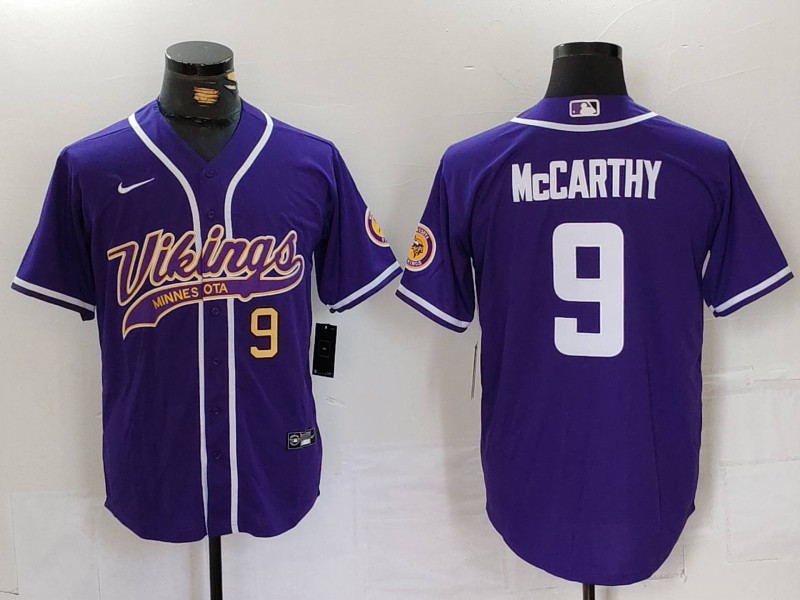Men's Minnesota Vikings #9 J.J. McCarthy Purple Cool Base Stitched Baseball Jersey 1 Men's Minnesota Vikings #9 J.J. McCarthy Purple Cool Base Stitched Baseball Jersey 1