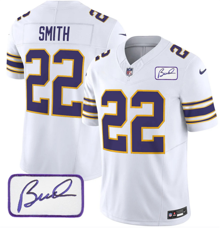 Men's Minnesota Vikings #22 Harrison Smith White 2023 F.U.S.E. Bud Grant Patch Vapor Limited Stitched Jersey Men's Minnesota Vikings #22 Harrison Smith White 2023 F.U.S.E. Bud Grant Patch Vapor Limited Stitched Jersey