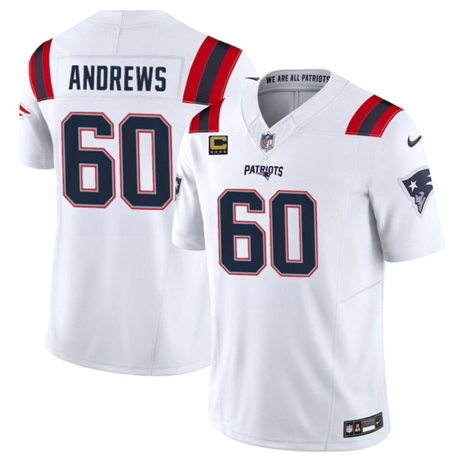 Men's New England Patriots #60 David Andrews White 2023 F.U.S.E. With 4-Star C Patch Vapor Limited Stitched Football Jersey Men's New England Patriots #60 David Andrews White 2023 F.U.S.E. With 4-Star C Patch Vapor Limited Stitched Football Jersey