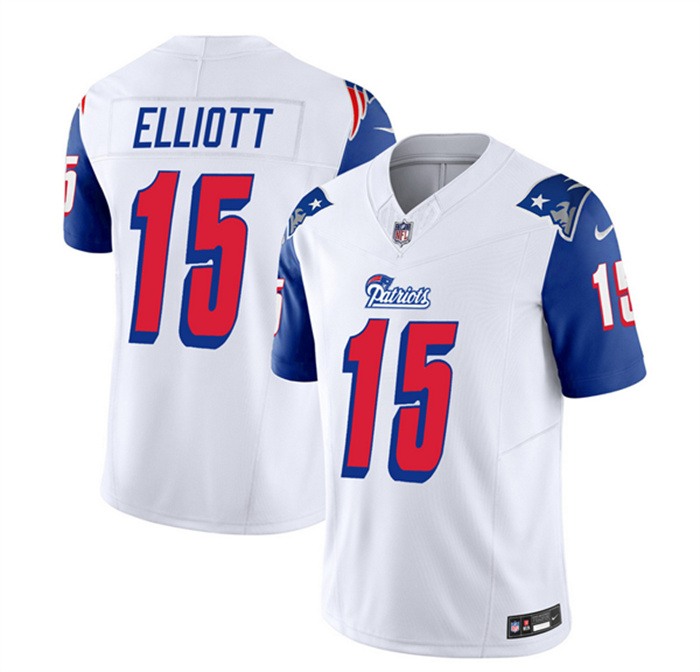 Men's New England Patriots #15 Ezekiel Elliott White Blue 2023 F.U.S.E. Throwback Limited Stitched Football Jersey Men's New England Patriots #15 Ezekiel Elliott White Blue 2023 F.U.S.E. Throwback Limited Stitched Football Jersey