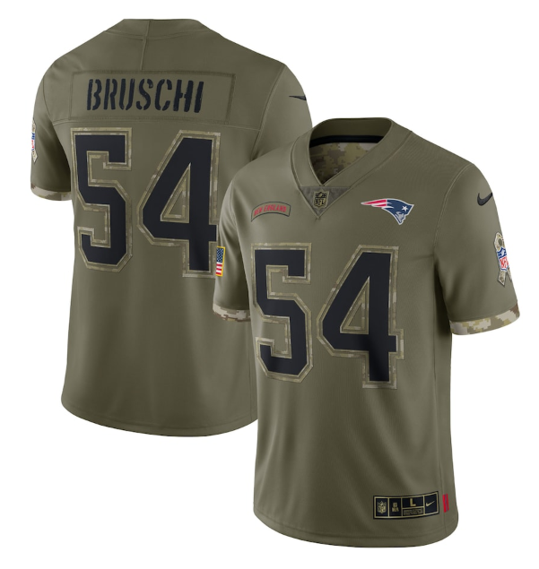 Men's New England Patriots #54 Tedy Bruschi Olive 2022 Salute To Service Limited Stitched Jersey Men's New England Patriots #54 Tedy Bruschi Olive 2022 Salute To Service Limited Stitched Jersey