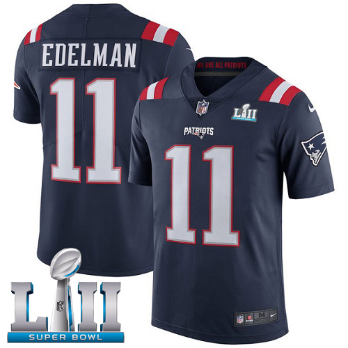 Nike Patriots #11 Julian Edelman Navy Blue Super Bowl LII Men's Stitched NFL Limited Rush Jersey Nike Patriots #11 Julian Edelman Navy Blue Super Bowl LII Men's Stitched NFL Limited Rush Jersey