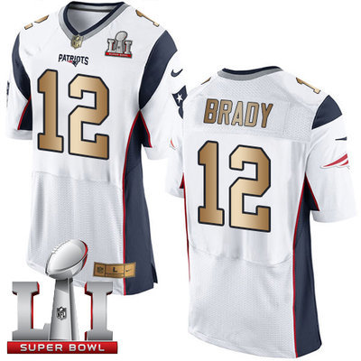 Nike Patriots #12 Tom Brady White Super Bowl LI 51 Men's Stitched NFL New Elite Gold Jersey Nike Patriots #12 Tom Brady White Super Bowl LI 51 Men's Stitched NFL New Elite Gold Jersey