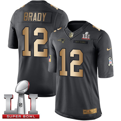 Nike Patriots #12 Tom Brady Black Super Bowl LI 51 Men's Stitched NFL Limited Gold Salute To Service Jersey