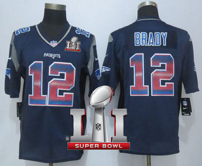 Nike Patriots #12 Tom Brady Navy Blue Team Color Super Bowl LI 51 Men's Stitched NFL Limited Strobe Jersey Nike Patriots #12 Tom Brady Navy Blue Team Color Super Bowl LI 51 Men's Stitched NFL Limited Strobe Jersey