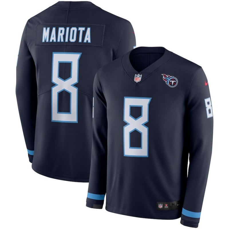Men's Titans #8 Marcus Mariota Navy Blue Team Color Men's Stitched NFL Limited Therma Long Sleeve Jersey
