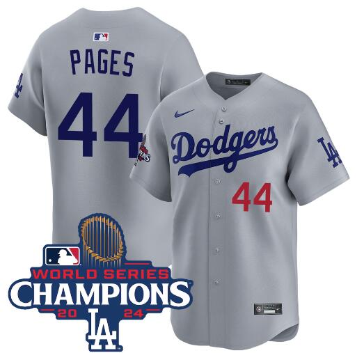 Men's Los Angeles Dodgers #44 Andy Pages Grey 2024 World Series Champions Limited Stitched Baseball Jersey