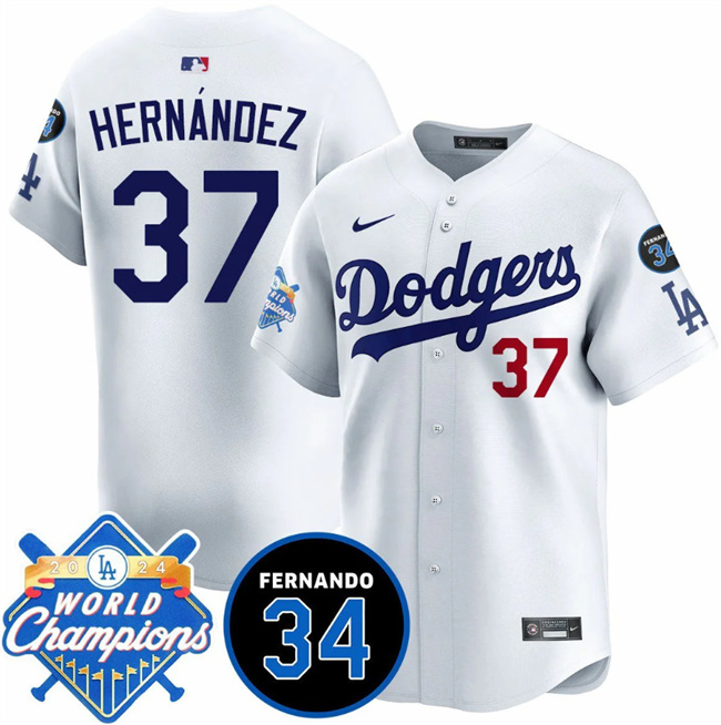 Men's Los Angeles Dodgers #37 Teoscar Hernández White 2024 World Champions & Fernando Memorial Patch Vapor Premier Home Limited Stitched Baseball Jersey Men's Los Angeles Dodgers #37 Teoscar Hernández White 2024 World Champions & Fernando Memorial Patch Vapor Premier Home Limited Stitched Baseball Jersey