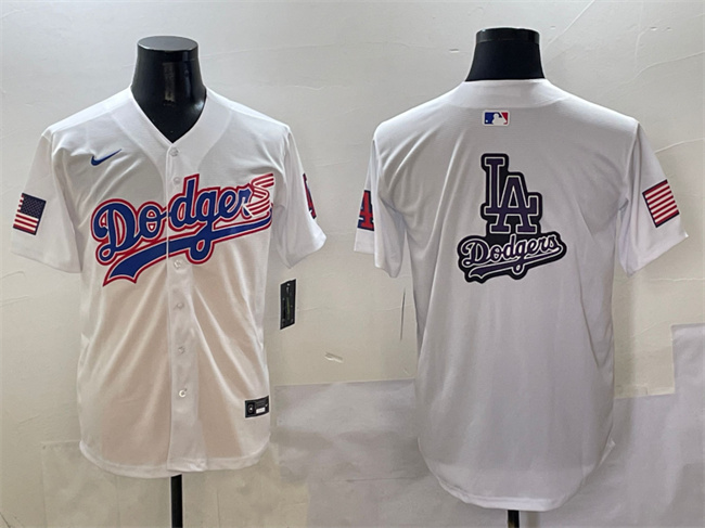 Men's Los Angeles Dodgers Team Big Logo White With American Flag Patch Limited Stitched Baseball Jersey 1 Men's Los Angeles Dodgers Team Big Logo White With American Flag Patch Limited Stitched Baseball Jersey 1