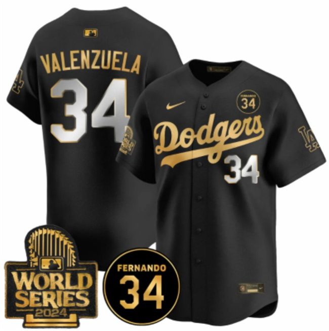 Men's Los Angeles Dodgers #34 Fernando Valenzuela Black Gold 2024 World Series With Fernando Patch Vapor Limited Stitched Baseball Jersey Men's Los Angeles Dodgers #34 Fernando Valenzuela Black Gold 2024 World Series With Fernando Patch Vapor Limited Stitched Baseball Jersey