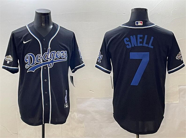 Men's Los Angeles Dodgers #7 Blake Snell Black 2024 World Series Champions Cool Base Stitched Baseball Jersey 1 Men's Los Angeles Dodgers #7 Blake Snell Black 2024 World Series Champions Cool Base Stitched Baseball Jersey 1