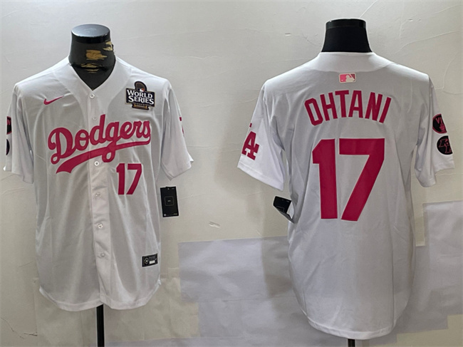 Men's Los Angeles Dodgers #17 Shohei Ohtani White Pink 2024 World Series Vin & Kobe Patch Limited Stitched Baseball Jersey Men's Los Angeles Dodgers #17 Shohei Ohtani White Pink 2024 World Series Vin & Kobe Patch Limited Stitched Baseball Jersey