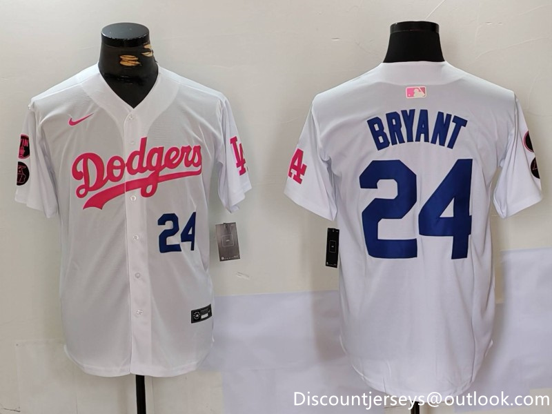 Men's Los Angeles Dodgers #24 Kobe Bryant White Pink Vin & Kobe Patch Stitched Baseball Jersey 5