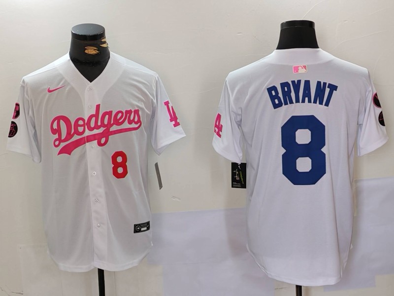 Men's Los Angeles Dodgers #8 Kobe Bryant White Pink Vin & Kobe Patch Stitched Baseball Jersey 6 Men's Los Angeles Dodgers #8 Kobe Bryant White Pink Vin & Kobe Patch Stitched Baseball Jersey 6